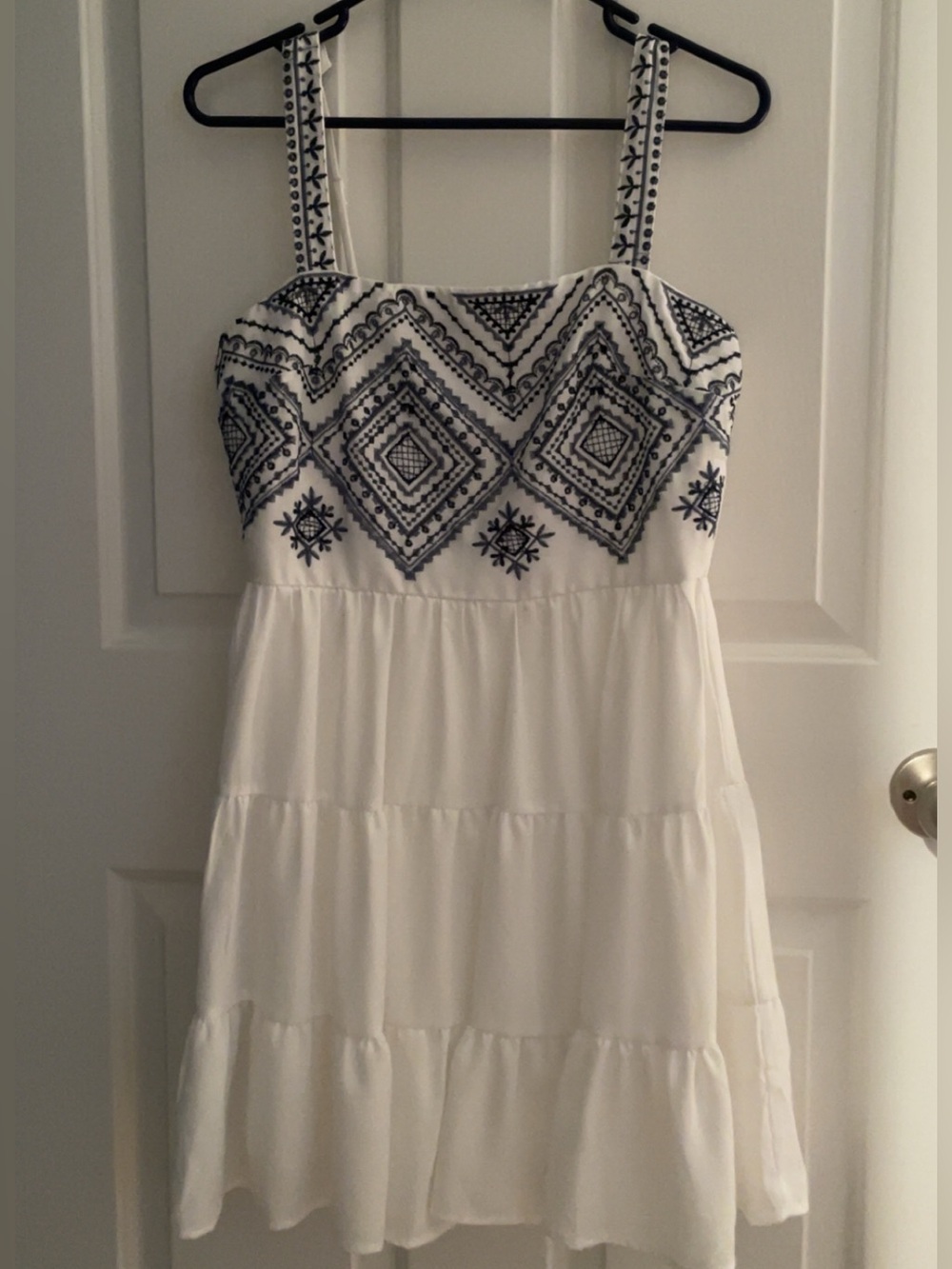 Francesca's Collections White Mini Dress with Navy Embroidery